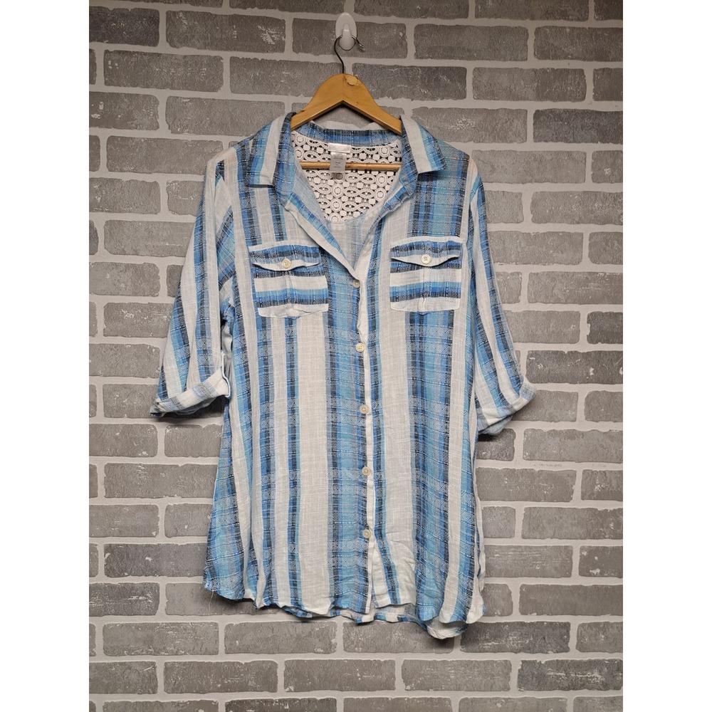 Dotti Womens Blue Whte Striped Crochet Back Roll Tab‎ Sleeve Shirt Size Large